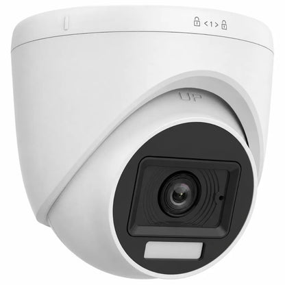 Right angle view of Hikvision DS-2CE76D0T-LPFS 2MP Full HD dual light turret security camera with integrated microphone.
