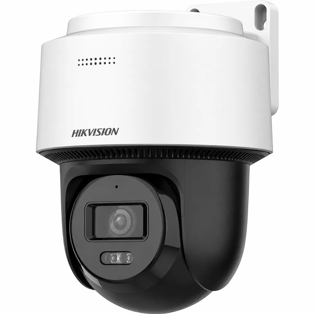Angled front left view of Hikvision DS-2DE2C400MWG-E 4MP Mini PT IP camera with Smart Hybrid Light technology.