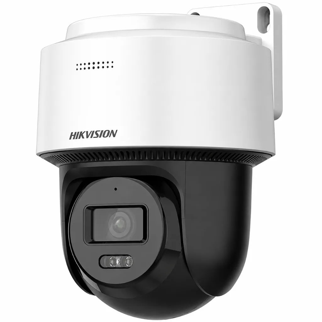 Three-quarter perspective of Hikvision DS-2DE2C400MWG-E 4MP PT IP camera featuring Smart Hybrid Light and Human Detection.