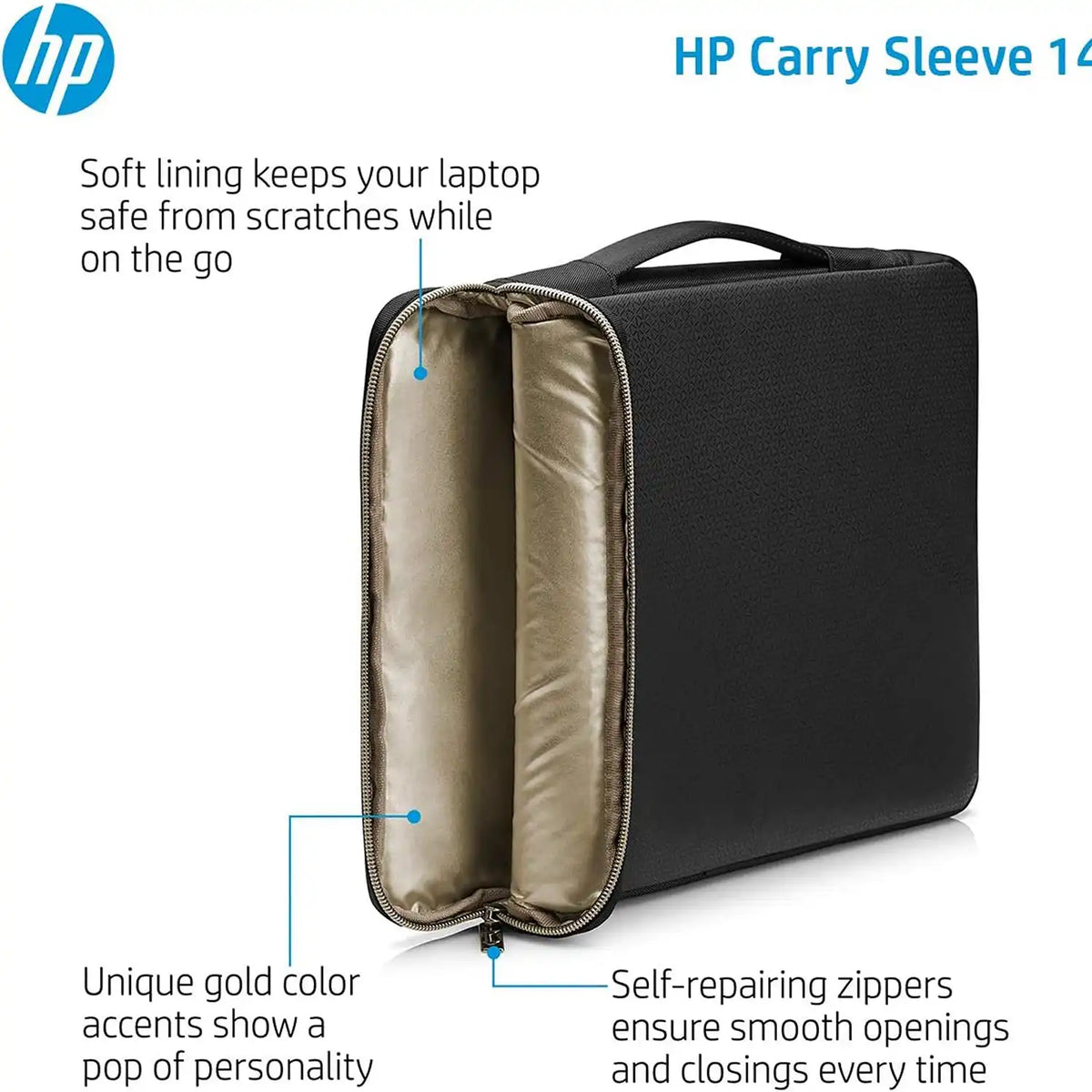 HP 3XD33AA 14 Inch Laptop Carry Sleeve Soft Lining Interior and Gold Accent Zipper