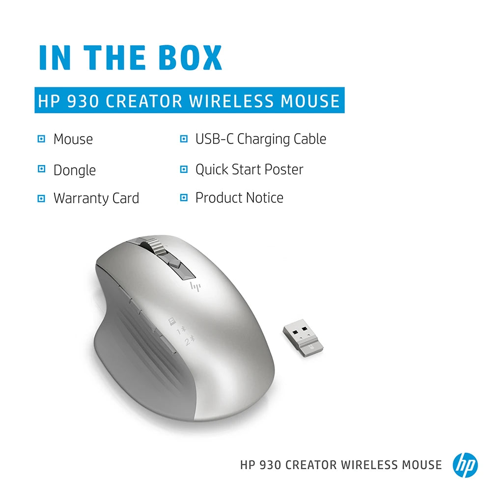 HP 930 Creator Wireless Ergonomic Mouse with Track-on-Glass Sensor box contents including USB receiver, USB-C charging cable, warranty card and documentation -tpstech.in