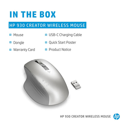 HP 930 Creator Wireless Ergonomic Mouse with Track-on-Glass Sensor box contents including USB receiver, USB-C charging cable, warranty card and documentation -tpstech.in