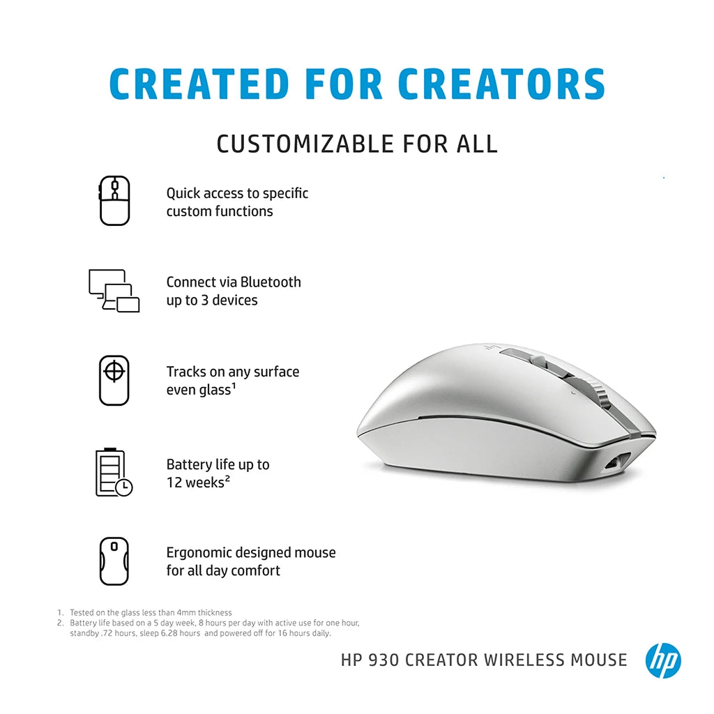 HP 930 Creator Wireless Ergonomic Mouse with Track-on-Glass Sensor highlighting multi-device Bluetooth connectivity, ergonomic comfort and long battery life features -tpstech.in