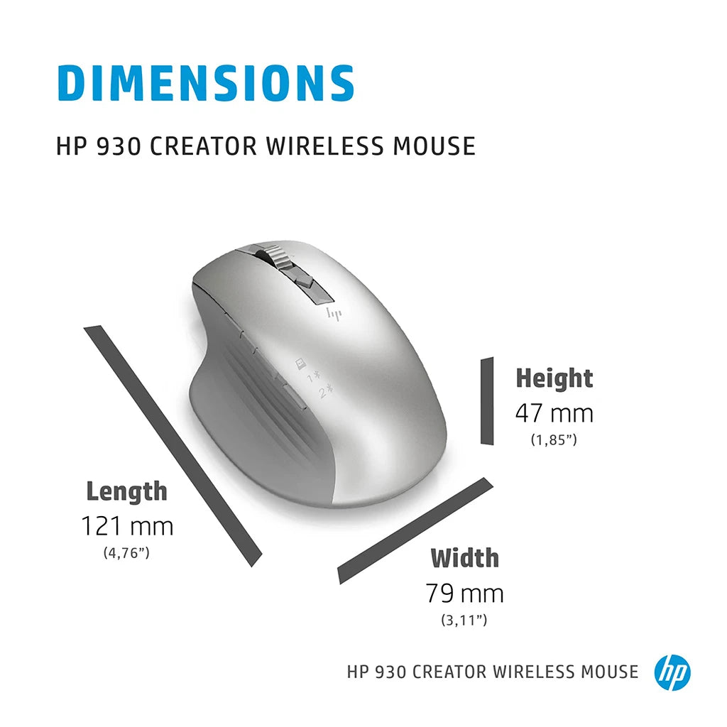 HP 930 Creator Wireless Ergonomic Mouse with Track-on-Glass Sensor dimensions showing 121 mm length, 79 mm width and 47 mm height -tpstech.in
