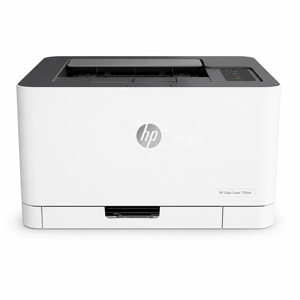 HP Color Laser 150nw wireless color laser printer front view with compact white design -tpstech.in