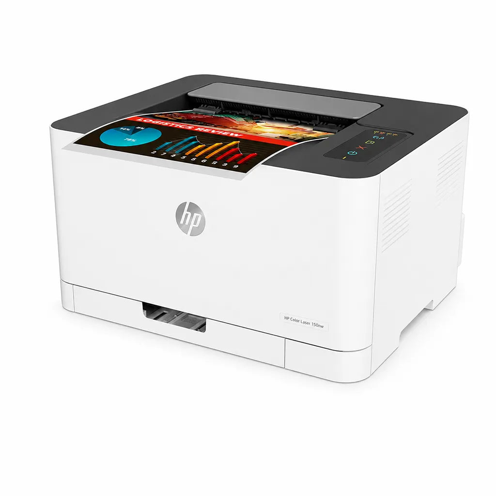 HP Color Laser 150nw wireless color laser printer producing a colorful printed document -tpstech.in