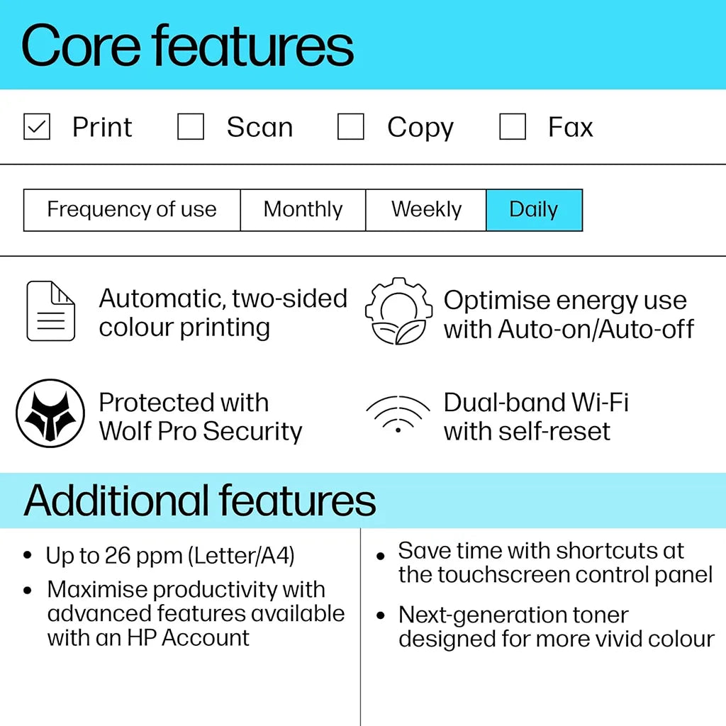 HP Color LaserJet Pro 3203dw core features including automatic two-sided color printing, HP Wolf Pro Security and dual-band Wi-Fi -tpstech.in