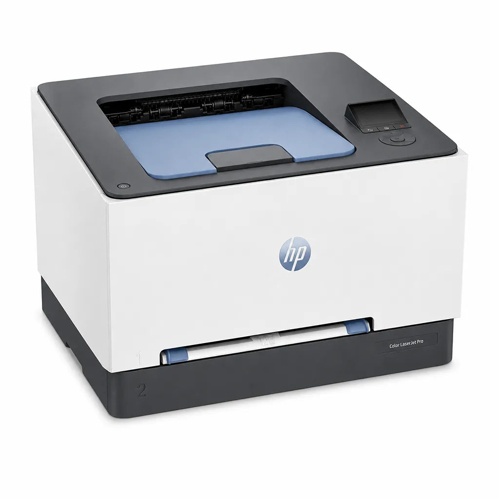 HP Color LaserJet Pro 3203dw color laser printer front angle view showing the paper tray, output area and control panel -tpstech.in