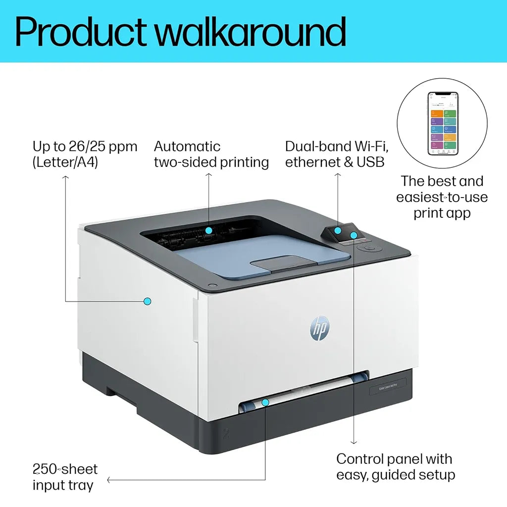 HP Color LaserJet Pro 3203dw color laser printer product walkaround showing 26 ppm Letter and 25 ppm A4, auto duplex, dual-band Wi-Fi, Ethernet and USB -tpstech.in