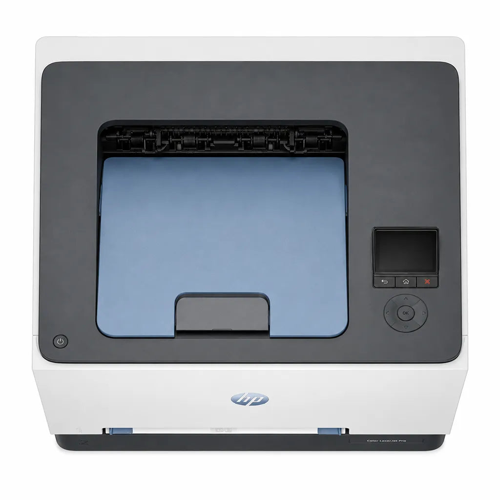 HP Color LaserJet Pro 3203dw color laser printer top view showing paper output area and control panel -tpstech.in