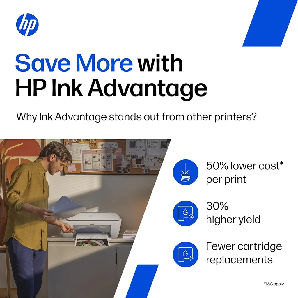 HP DeskJet Ink Advantage 2338 printer highlighting lower cost per print higher yield and fewer cartridge replacements -tpstech.in