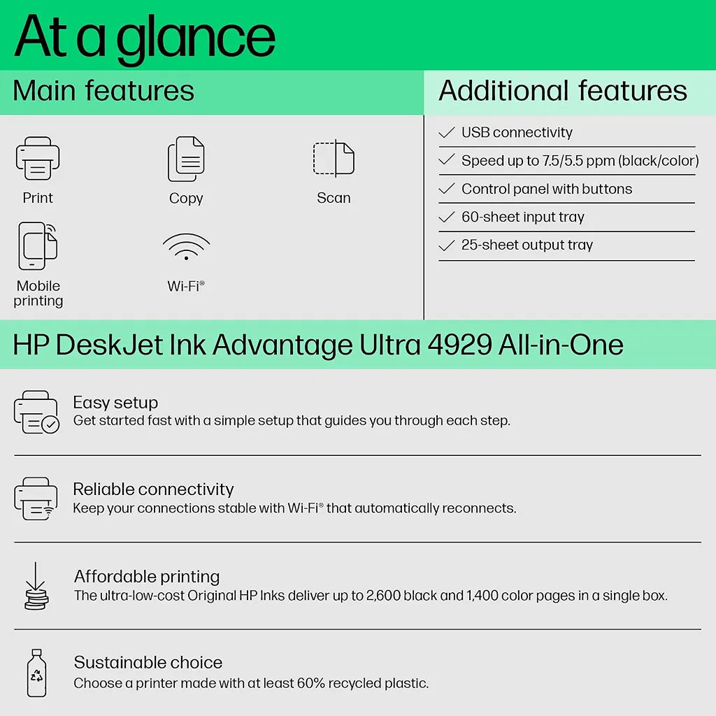 HP DeskJet Ink Advantage Ultra 4929 All-in-One printer with print, copy, scan, mobile printing, Wi-Fi and affordable ink features -tpstech.in