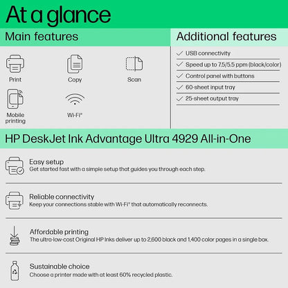 HP DeskJet Ink Advantage Ultra 4929 All-in-One printer with print, copy, scan, mobile printing, Wi-Fi and affordable ink features -tpstech.in