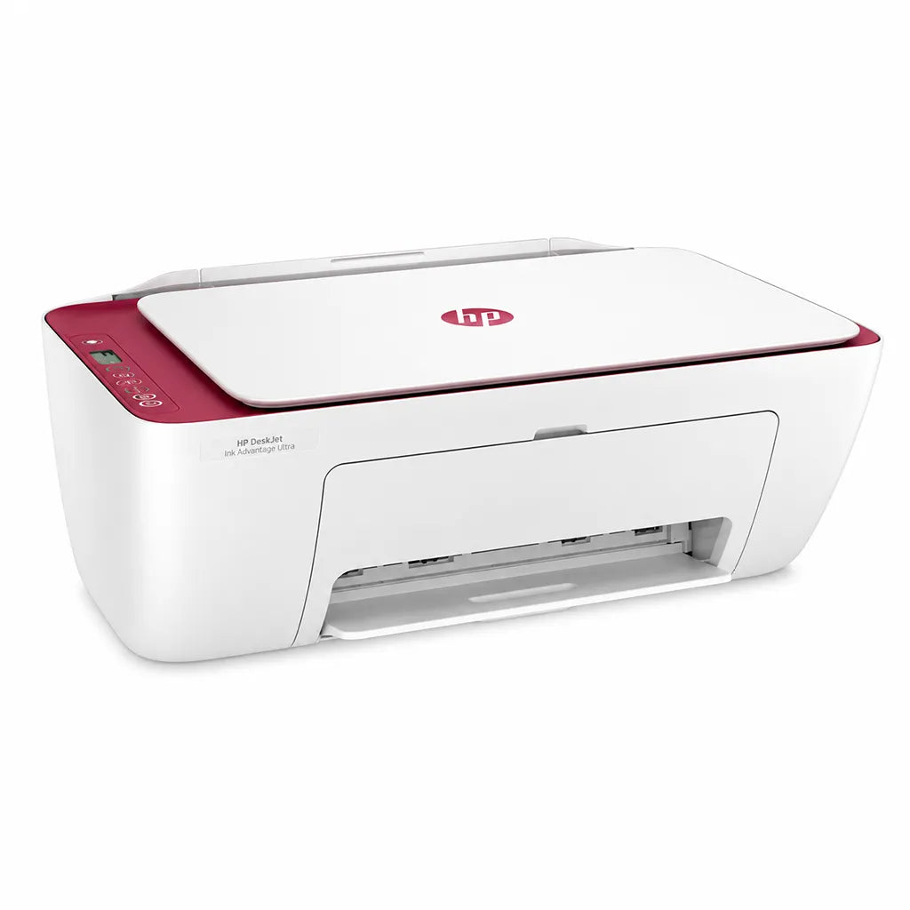 Three-quarter front view of HP DeskJet Ink Advantage Ultra 4929 All-in-One inkjet printer with white and rosewood design -tpstech.in