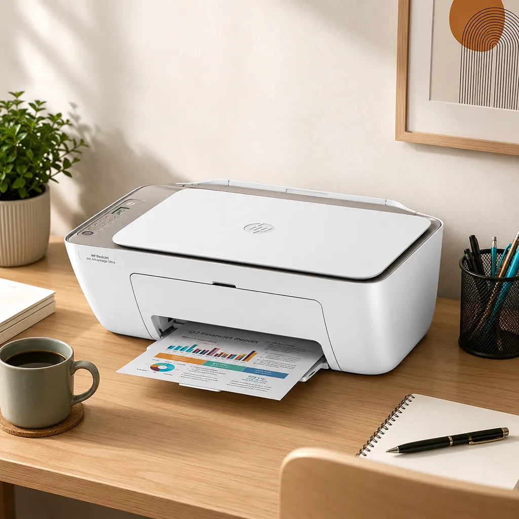 HP DeskJet Ink Advantage Ultra 5135 all-in-one printer printing documents in a home office setup -tpstech.in