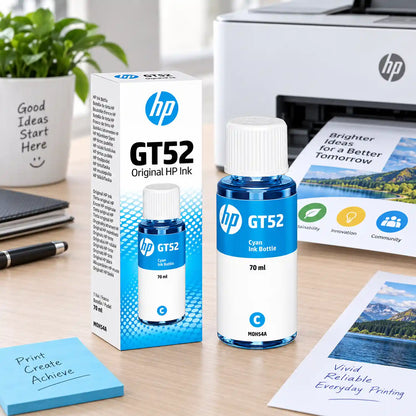 HP GT52 70ml Cyan Original Ink Bottle M0H54AA on Desk Setup Beside HP Printer -tpstech.in