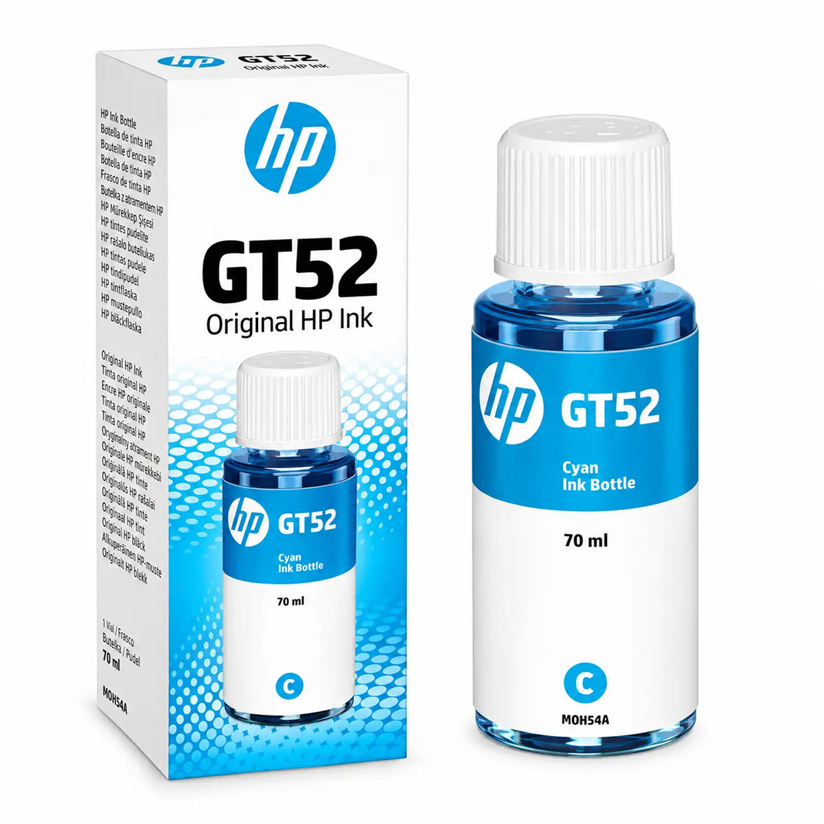 HP GT52 70ml Cyan Original Ink Bottle M0H54AA Beside Box Packaging Side View -tpstech.in