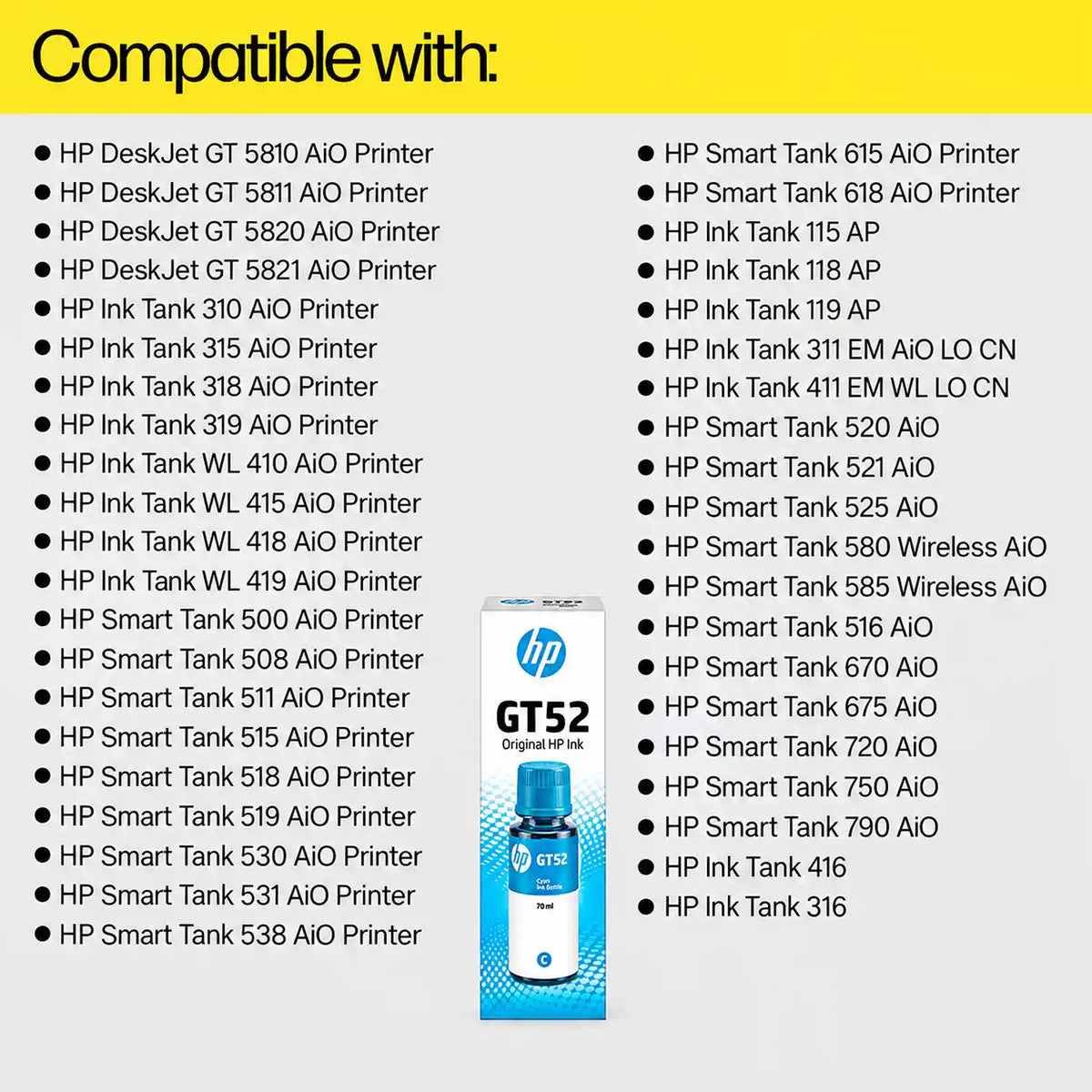 HP GT52 Cyan Original Ink Bottle M0H54AA Smart Tank and Ink Tank Compatibility List -tpstech.in