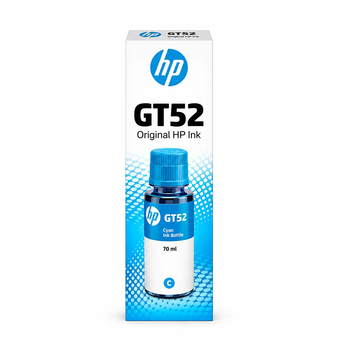 HP GT52 70ml Cyan Original Ink Bottle M0H54AA Retail Packaging Box Front View -tpstech.in
