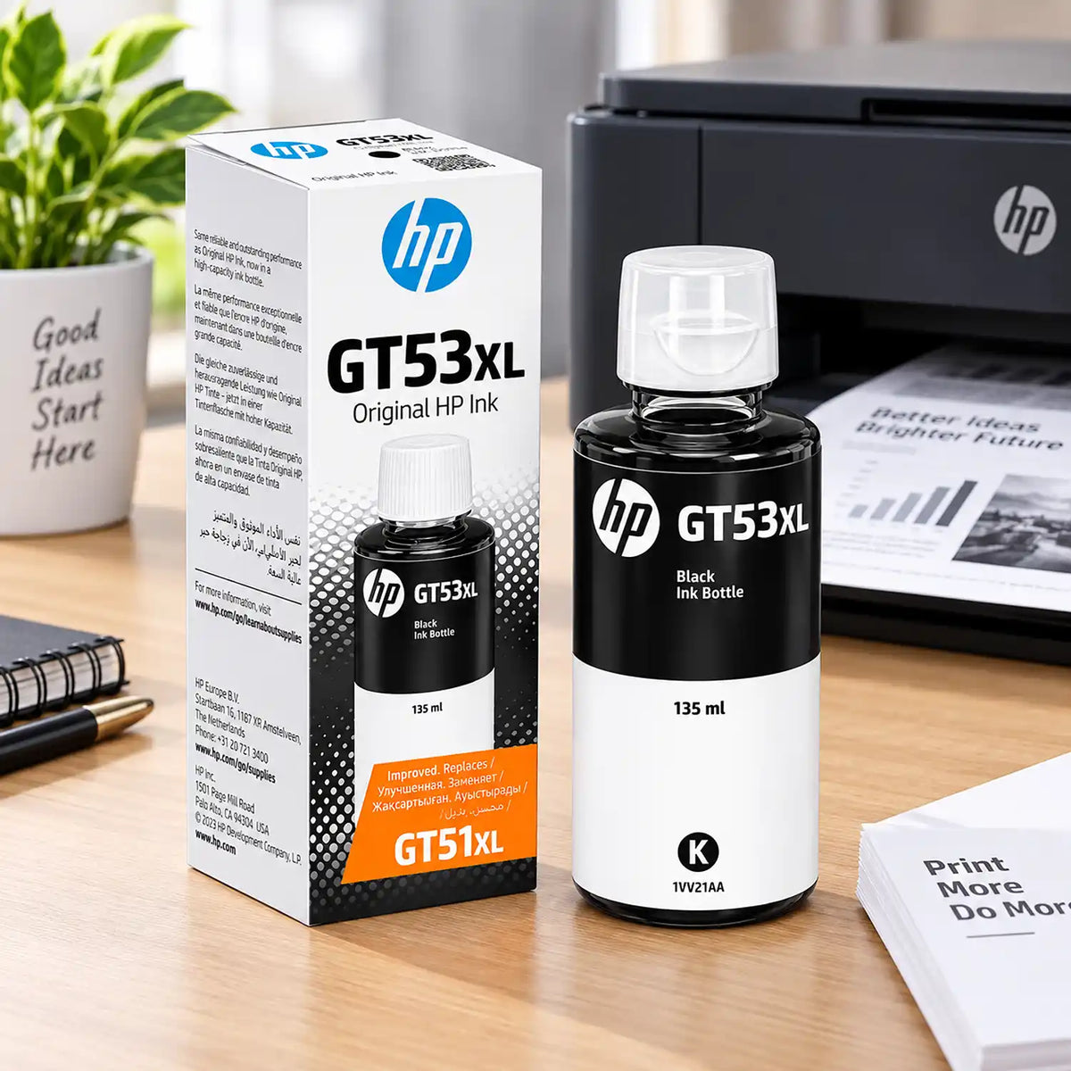 HP GT53XL 135ml Black Original Ink Bottle 1VV21AA on Desk Beside HP Printer -tpstech.in