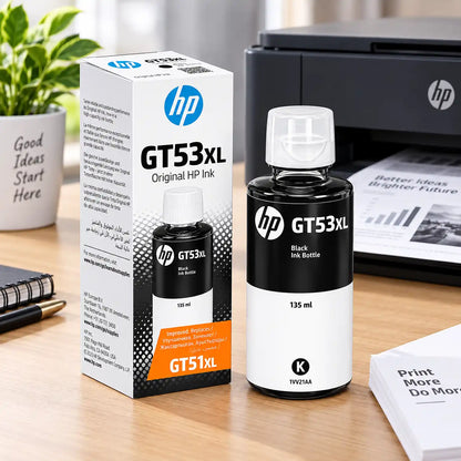 HP GT53XL 135ml Black Original Ink Bottle 1VV21AA on Desk Beside HP Printer -tpstech.in