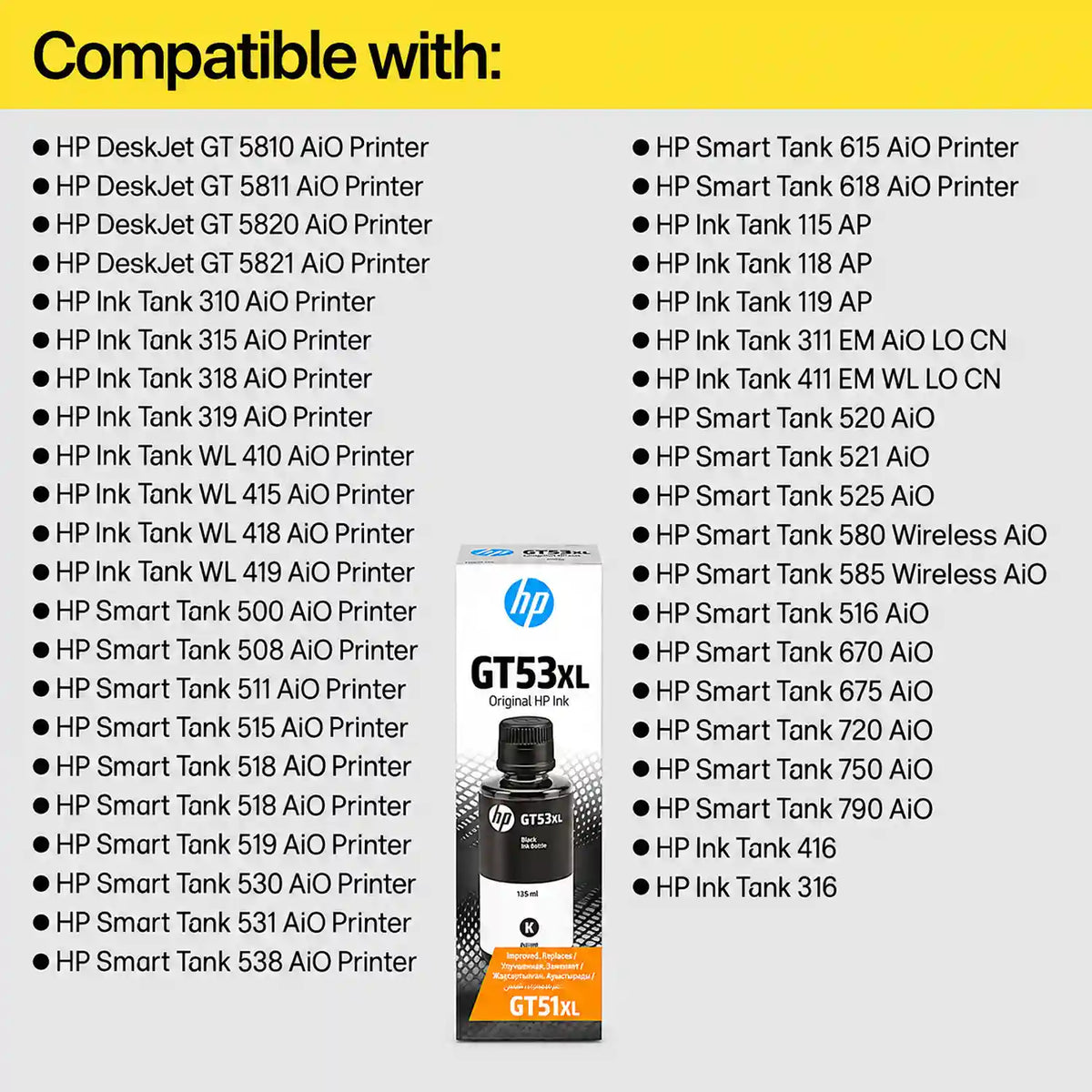 HP GT53XL 135ml Black Original Ink Bottle Compatible DeskJet and Smart Tank Printers List -tpstech.in