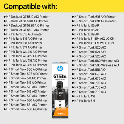 HP GT53XL 135ml Black Original Ink Bottle Compatible DeskJet and Smart Tank Printers List -tpstech.in