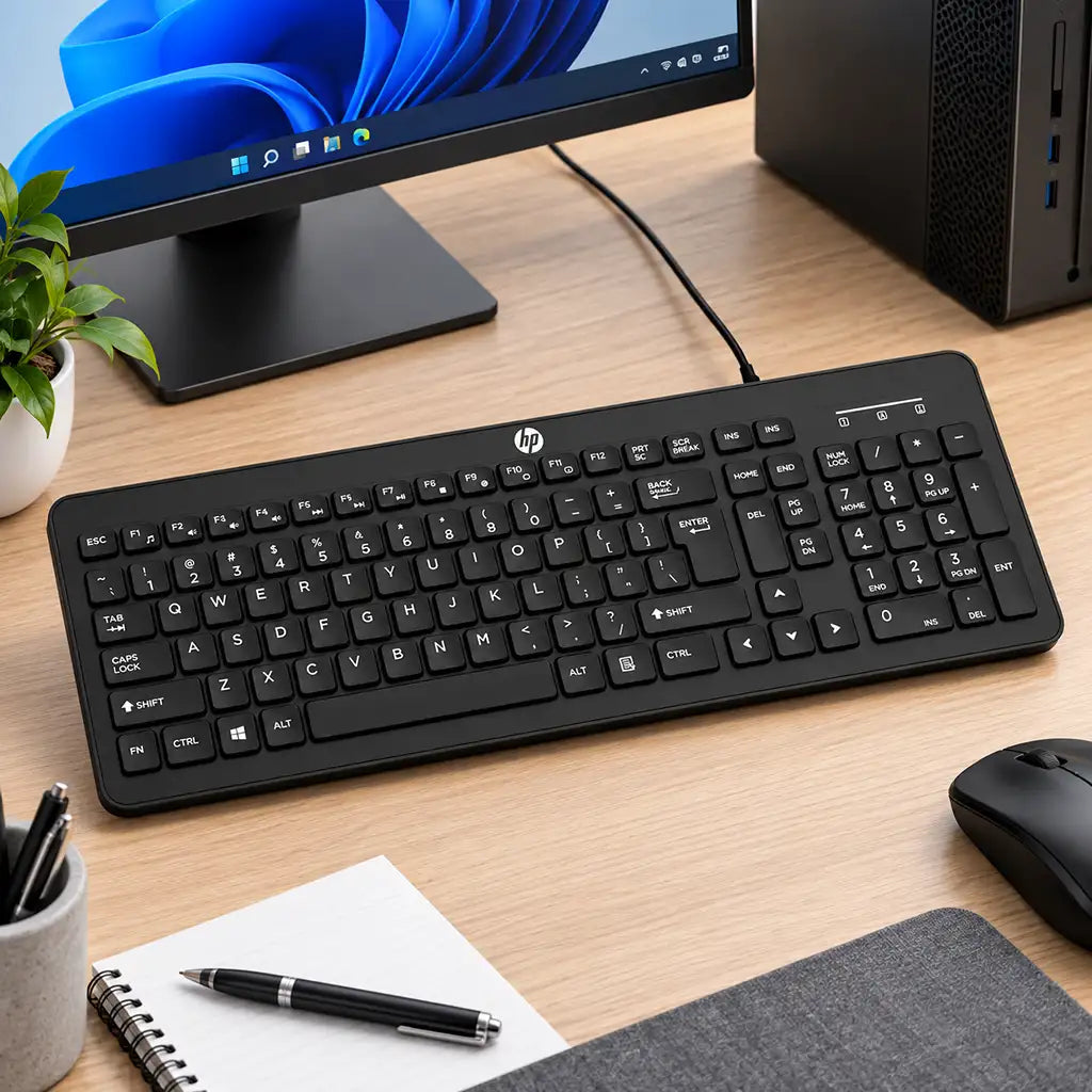 HP K160 Wired Keyboard USB Full Size on Office Desk Setup with Monitor and Mouse tpstech.in