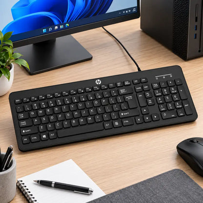HP K160 Wired Keyboard USB Full Size on Office Desk Setup with Monitor and Mouse tpstech.in