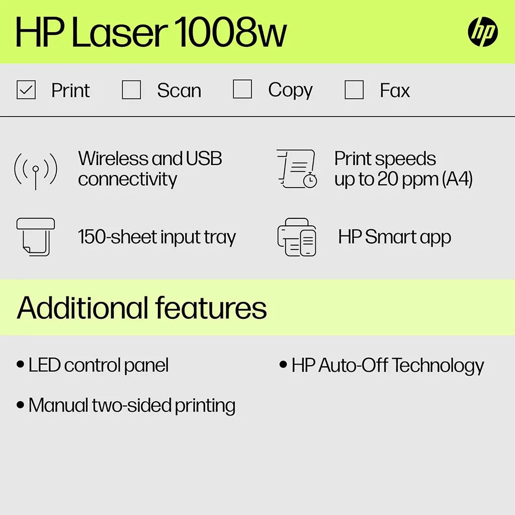 HP Laser 1008w wireless laser printer with up to 20 ppm A4 printing, HP Smart app and manual two-sided printing -tpstech.in
