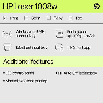 HP Laser 1008w wireless laser printer with up to 20 ppm A4 printing, HP Smart app and manual two-sided printing -tpstech.in