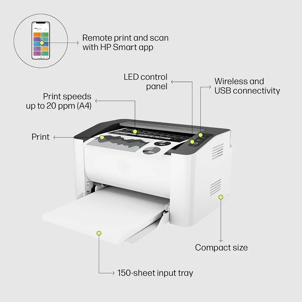 HP Laser 1008w wireless USB laser printer with 150-sheet input tray and LED control panel -tpstech.in