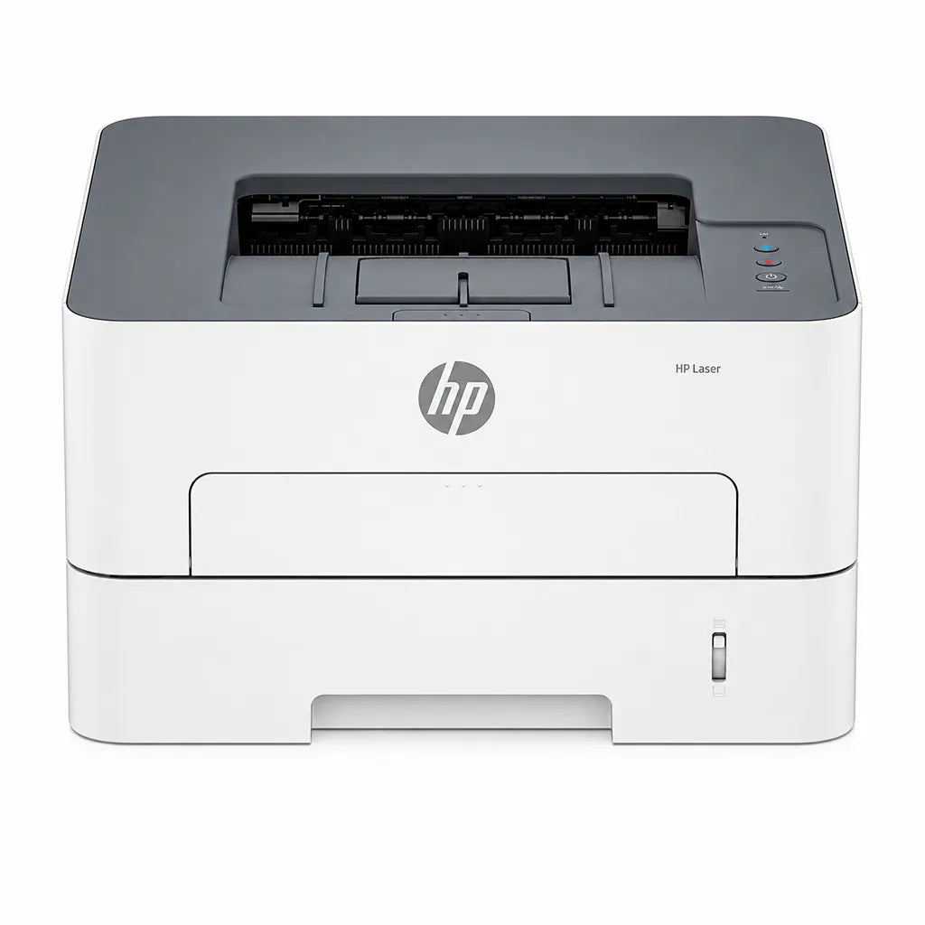 HP Laser 335dn monochrome printer front view showing HP branding and paper output tray -tpstech.in