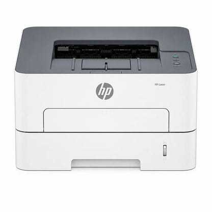 HP Laser 335dn monochrome printer front view showing HP branding and paper output tray -tpstech.in