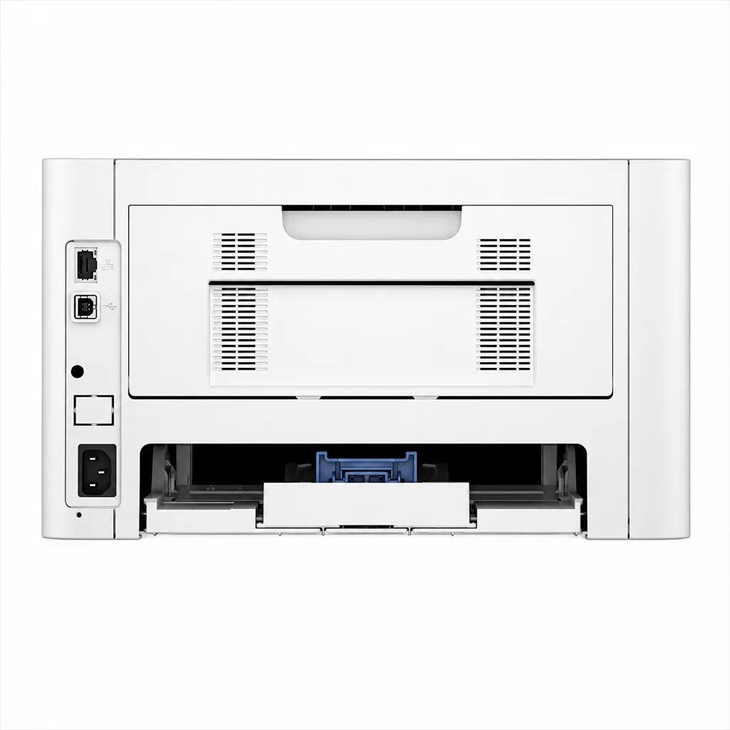 HP Laser 335dw laser printer rear view showing connectivity ports, power connection and paper area -tpstech.in