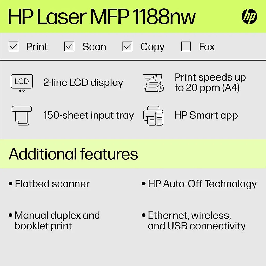 HP Laser MFP 1188nw printer with print scan copy functions, 20 ppm speed, 150-sheet input tray and HP Smart app -tpstech.in
