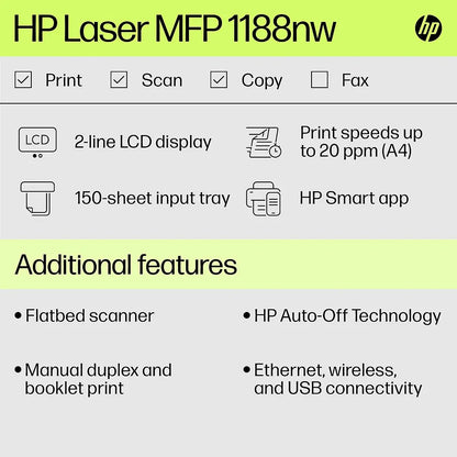 HP Laser MFP 1188nw printer with print scan copy functions, 20 ppm speed, 150-sheet input tray and HP Smart app -tpstech.in