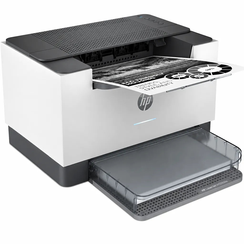HP LaserJet M208dw monochrome laser printer front right angle view printing a document with automatic duplex support -tpstech.in
