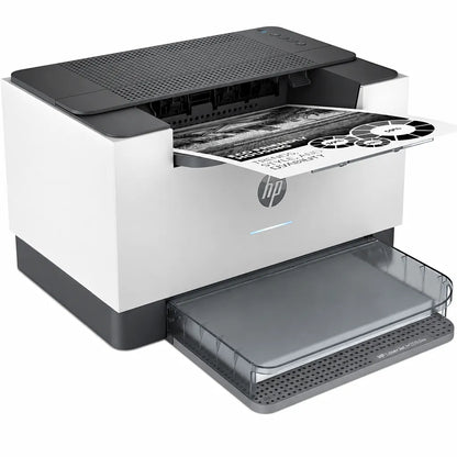 HP LaserJet M208dw monochrome laser printer front right angle view printing a document with automatic duplex support -tpstech.in