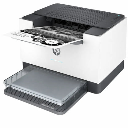 HP LaserJet M208dw wireless monochrome laser printer front left angle printing a document with output tray open -tpstech.in