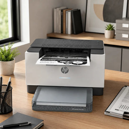 HP LaserJet M208dw wireless monochrome laser printer on an office desk in a modern workspace printing documents -tpstech.in