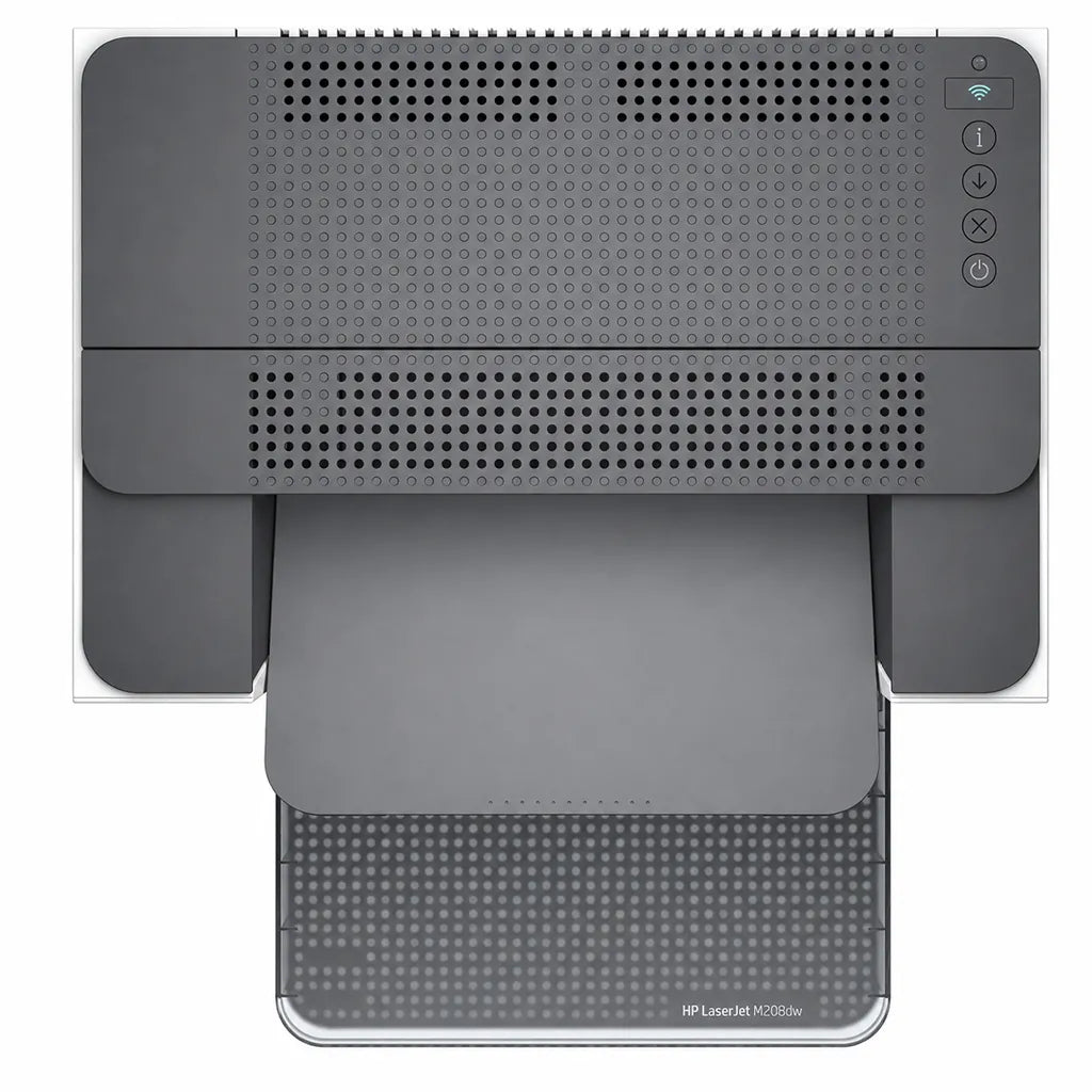 HP LaserJet M208dw wireless monochrome laser printer top view showing control panel and ventilation design -tpstech.in