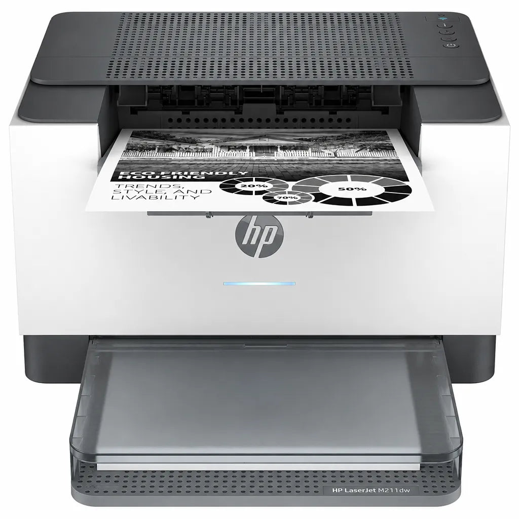 HP LaserJet M208dw wireless monochrome laser printer front view with output tray and printed document -tpstech.in