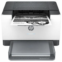 HP LaserJet M208dw wireless monochrome laser printer front view with output tray and printed document -tpstech.in