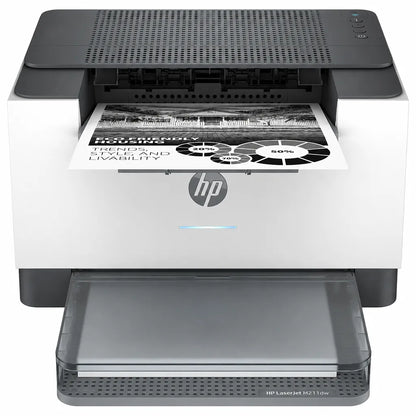 HP LaserJet M208dw wireless monochrome laser printer front view with output tray and printed document -tpstech.in