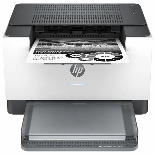 HP LaserJet M208dw wireless monochrome laser printer front view with output tray and printed document -tpstech.in