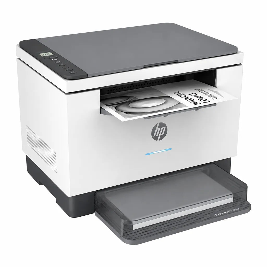 HP LaserJet MFP M233dw monochrome laser printer with print output tray front left angle view -tpstech.in
