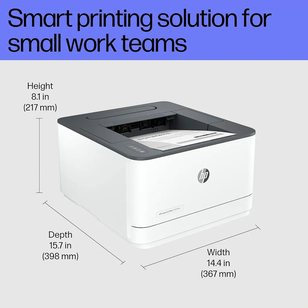 HP LaserJet Pro 3004dw monochrome printer showing height, width and depth dimensions with Wi-Fi and duplex printing -tpstech.in
