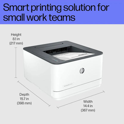 HP LaserJet Pro 3004dw monochrome printer showing height, width and depth dimensions with Wi-Fi and duplex printing -tpstech.in