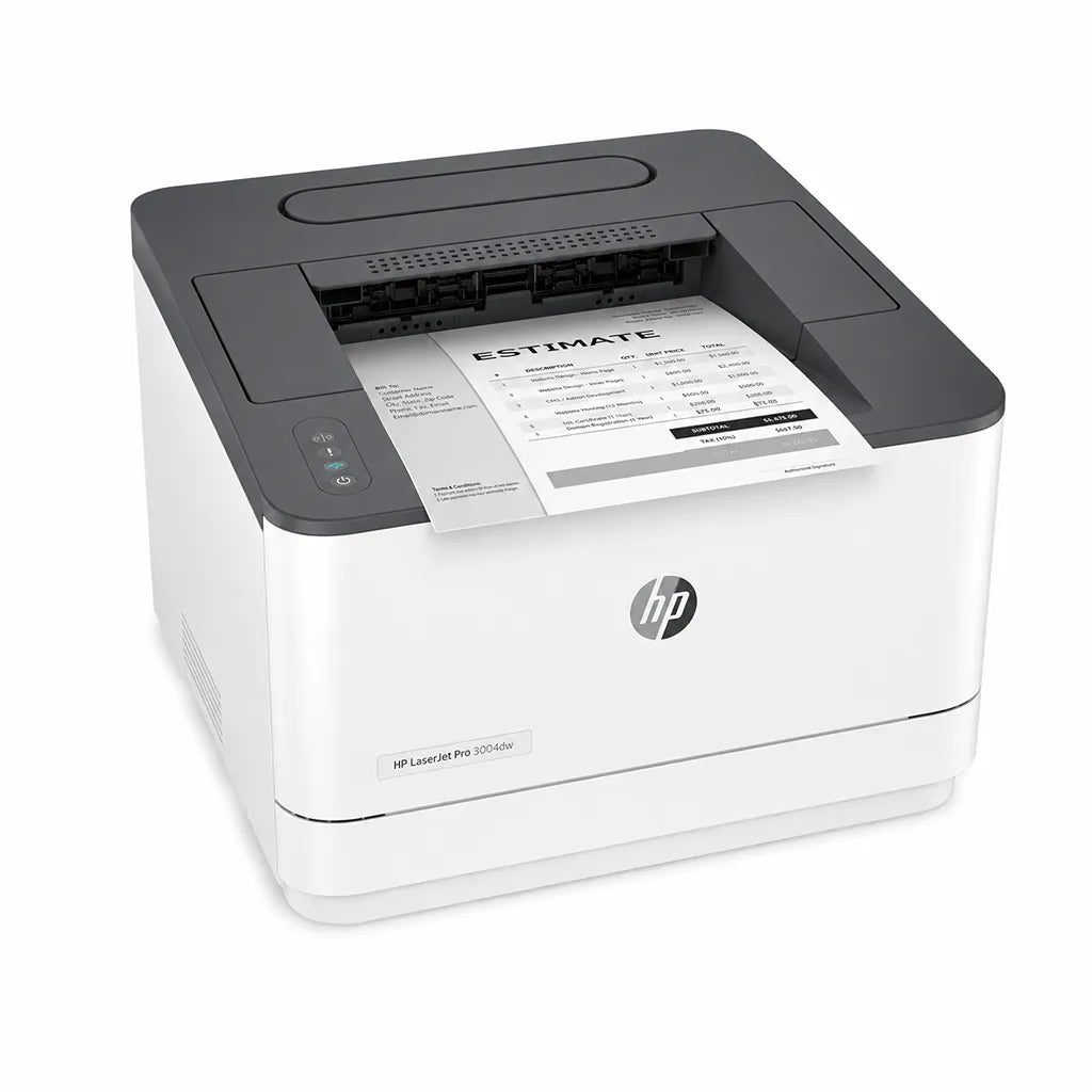 Angled view of HP LaserJet Pro 3004dw monochrome laser printer with wireless connectivity and automatic duplex printing -tpstech.in